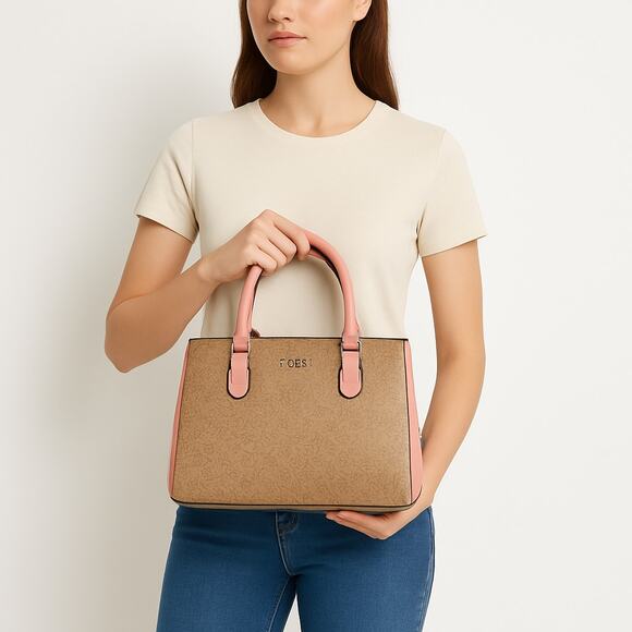 Guess 1981 Tan Pink Logo Tote Womens Handbag - Picture 2 of 8